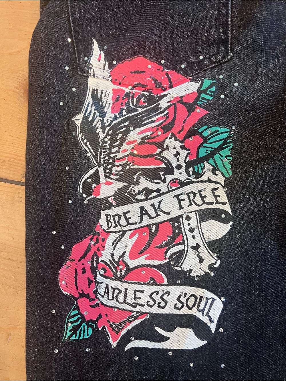 Disclosure Fearless Soul Black Wide-Leg Jeans with Pink/Teal Graphic Streetwear - Picture 8 of 12